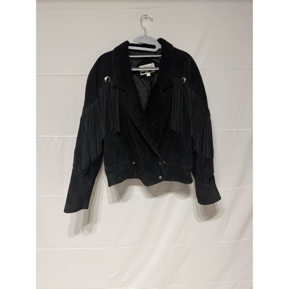 Vintage Yearbook Black Suede Leather Fringe Jacket Womens M Western Concho